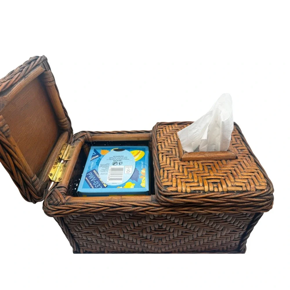 Vintage Woven Wicker Dual Compartment Tissue Box Cover and Storage Basket Brown